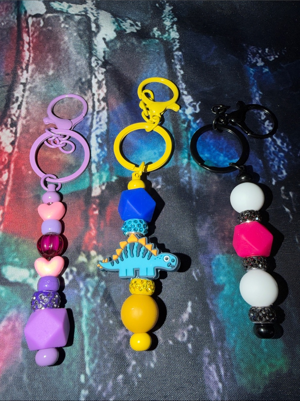Colorful Beaded Keychain with Dino Charm - Yellow, Purple, Black